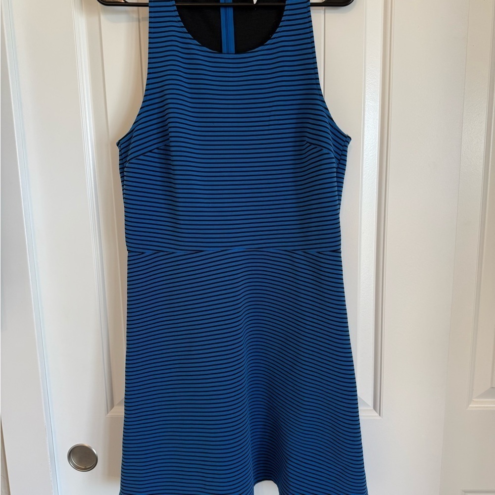 BCBG Royal blue and black striped modern swing dress a-line women's size L